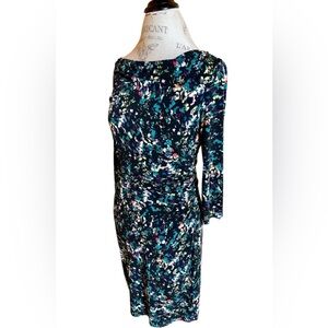 Nine West Fitted Multicolored Floral Print Mid Length Dress Cinched Waist Sz 4
